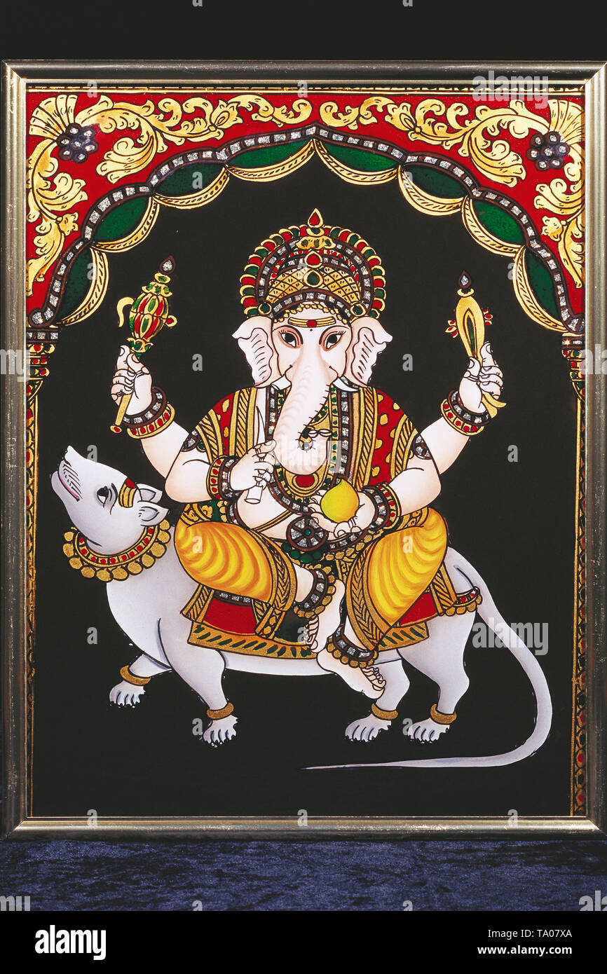 Vijaya Ganapati, "Ganapati the Victorious" ,GANESH IDOL,TANJORE GLASS PAINTING,THANJAVUR, TAMILNADU, INDIA, ASIA Stock Photo