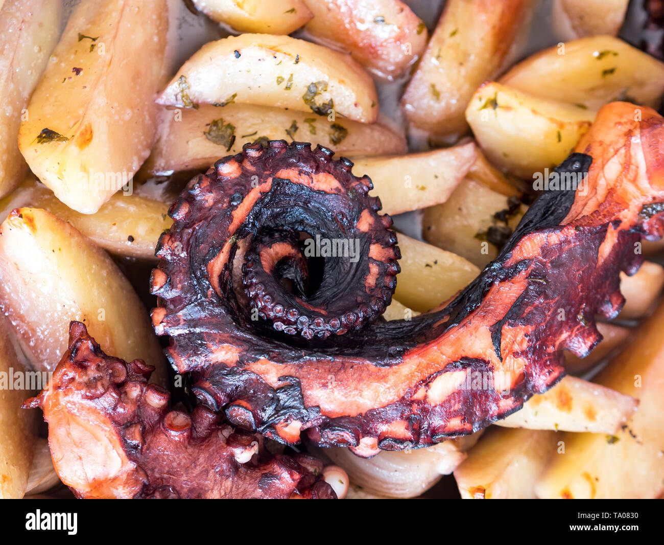 Baked octopus with potatoes close up top view Stock Photo - Alamy