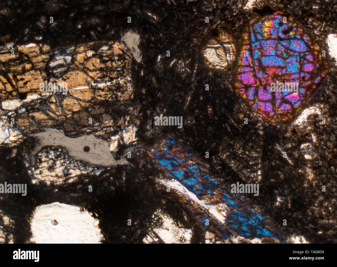 Polarized photomicrograph, diverse minerals in volcanic dust, Mount Fuji, Japan, Stock Photo