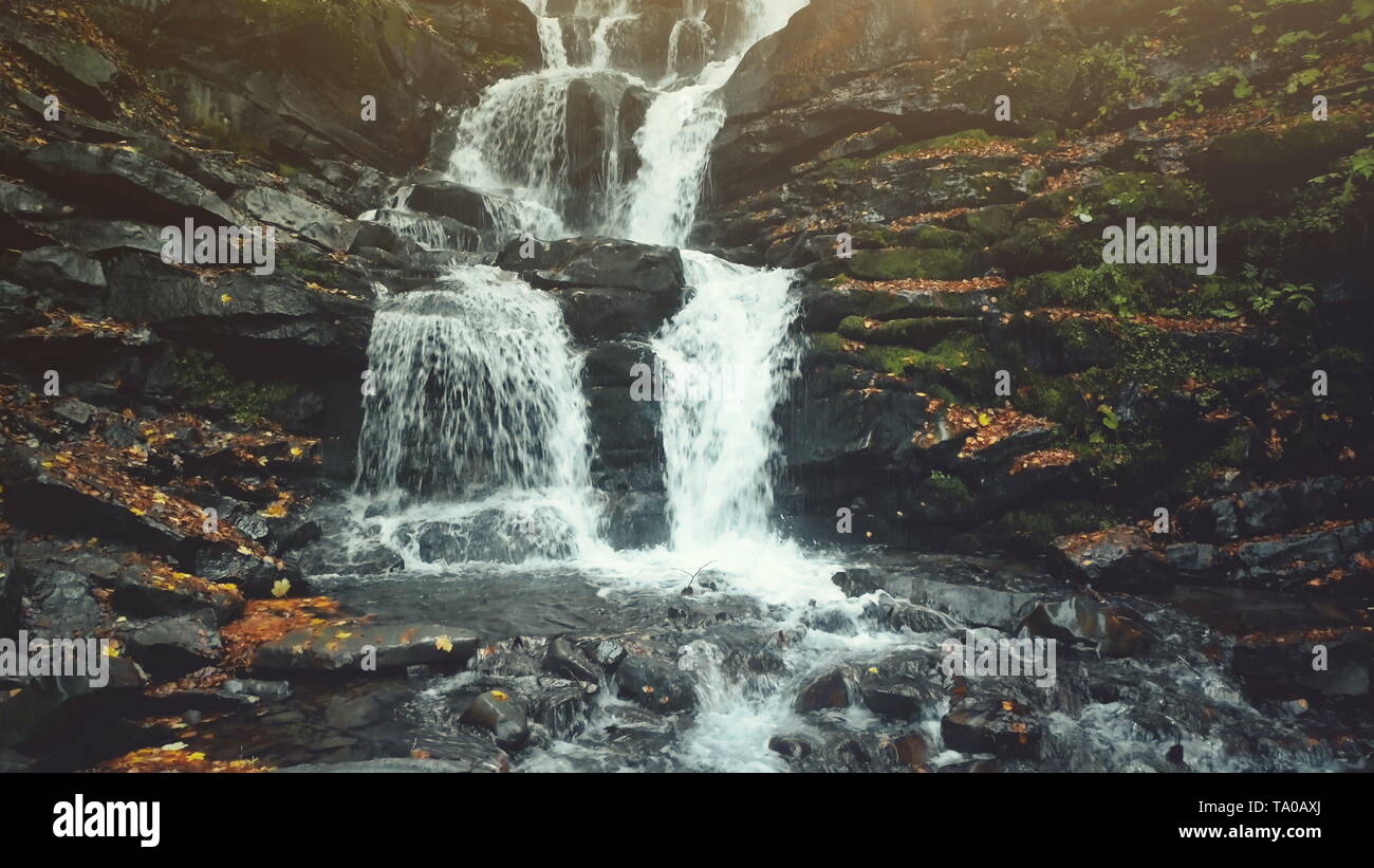 Pure Wild Highland Waterfall Creek Stony Ground. Rapid Transparent Mountain Creek Flow Rocky Ground Bottom. Mountainous Slope Multicolored Foliage Clean Ecology Concept Stock Photo