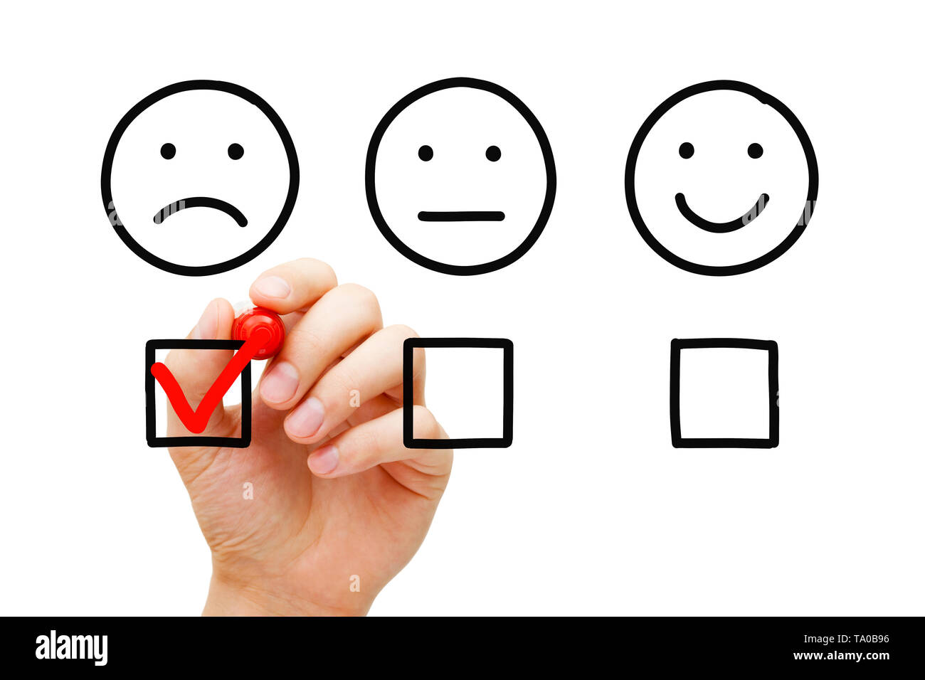 Disappointed client leaving negative evaluation with red marker check mark on customer feedback survey. Unhappy drawn face concept. Stock Photo