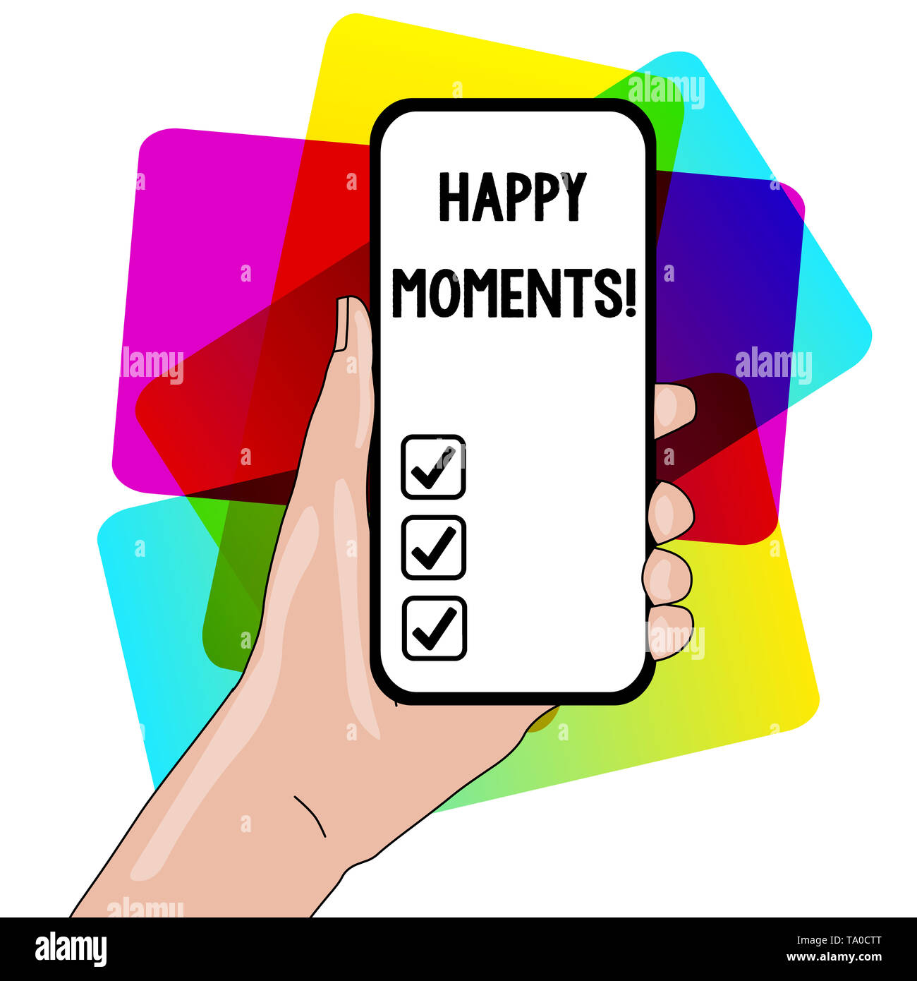 Word writing text Happy Moments. Business photo showcasing Feelings of pleasure or satisfaction with their life Closeup of Smartphone Device Held in H Stock Photo
