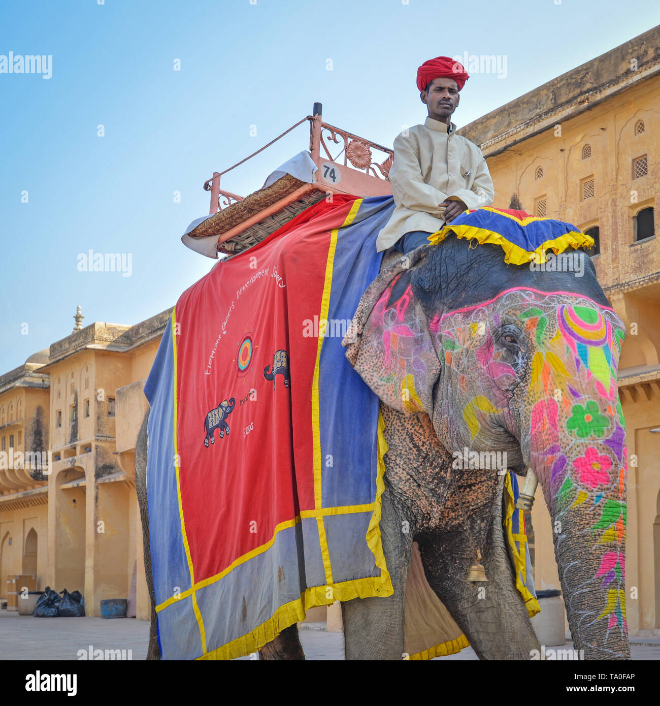 AMBER, INDIA - DECEMBER 5, 2015: Close-up of an elephant keeper and its very elaborately adorned elephant at the Amber Fort Stock Photo
