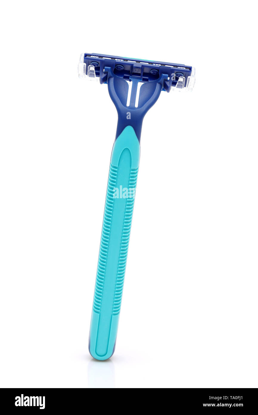 blue disposable shaving razor on white background Stock Photo