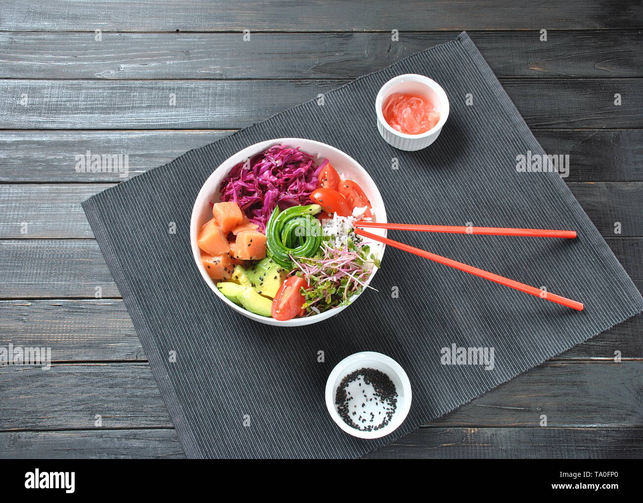 Organic food. Fresh seafood recipe. Fresh salmon poke bowl with rice