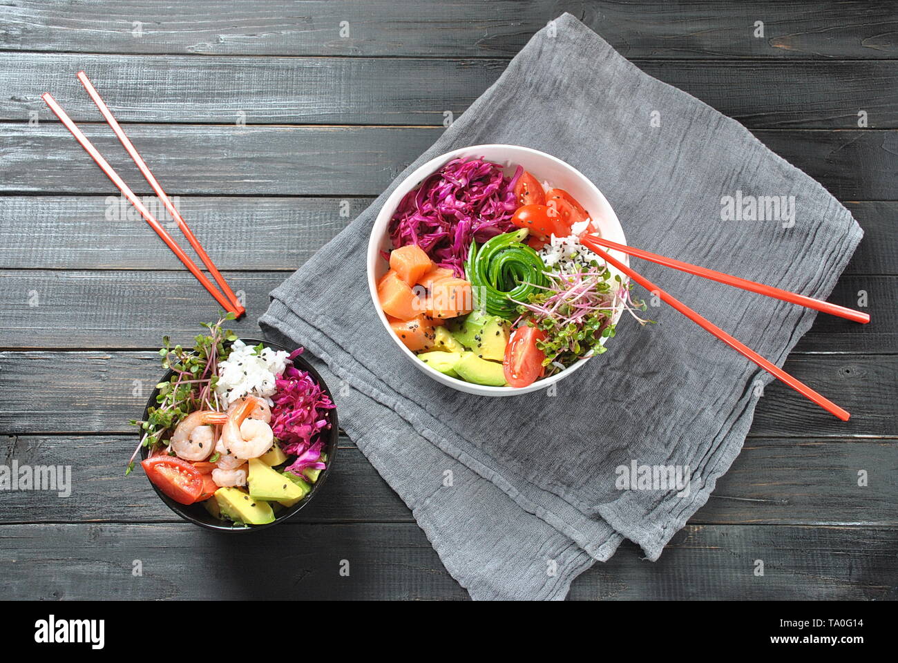 Organic food. Fresh seafood recipe. Fresh salmon poke bowl with rice