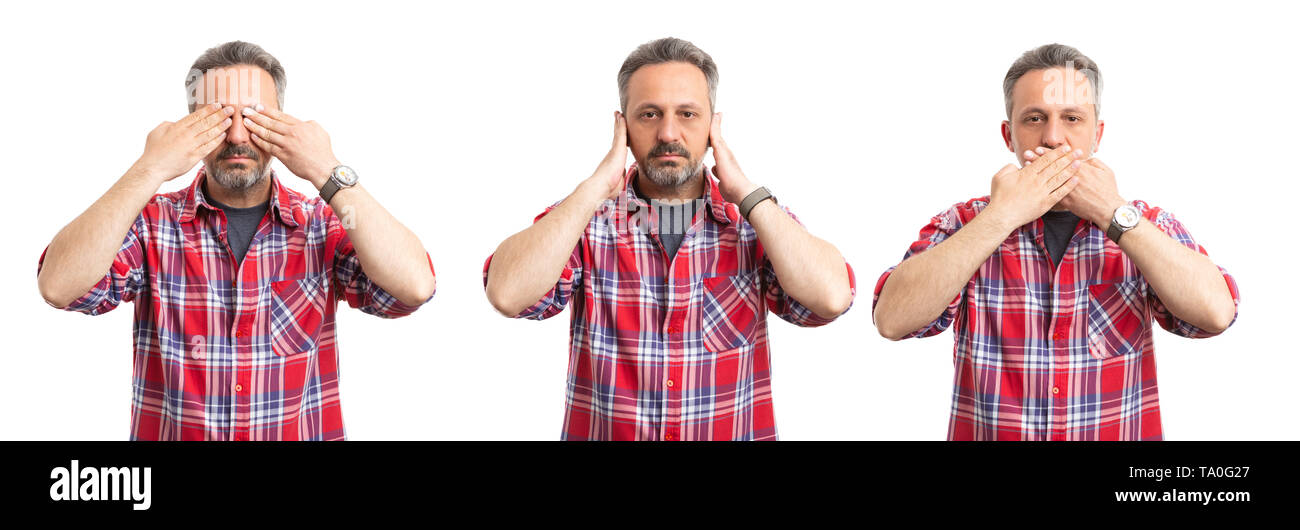 Triple image of serious man covering eyes ears and mouth as secret