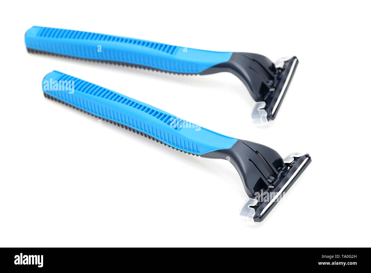 blue disposable shaving razor on white background Stock Photo
