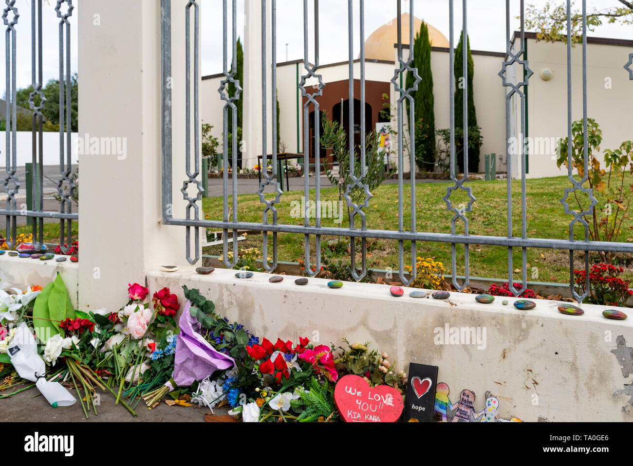 Christchurch, New Zealand, Mosque, Masjid Al Noor, with memorial tributes and police presence Stock Photo