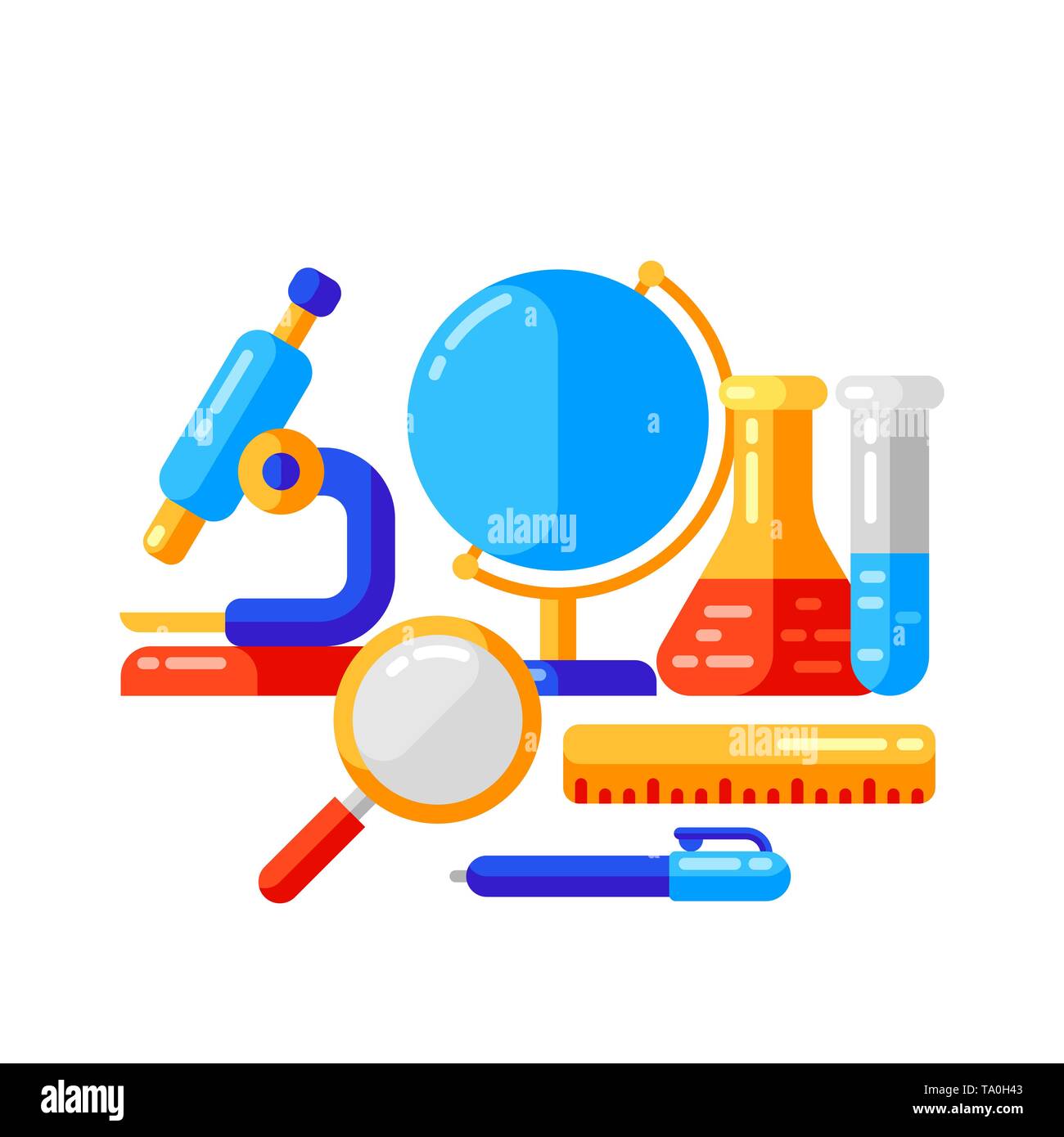 School background with education icons and symbols. Illustration in trendy flat style. Stock Vector