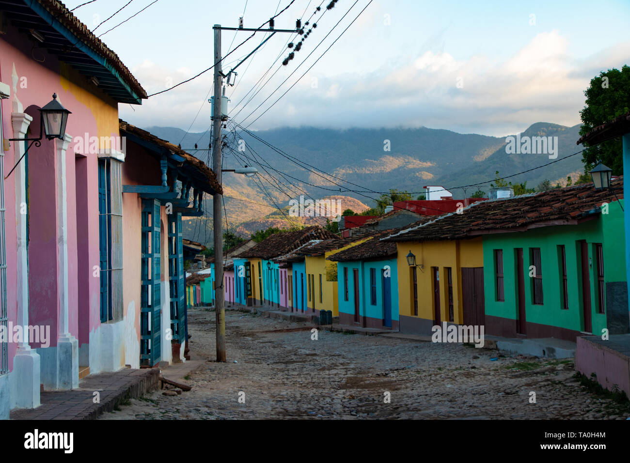 Street view of colored houses in old town of Trinidad, Cuba Stock Photo