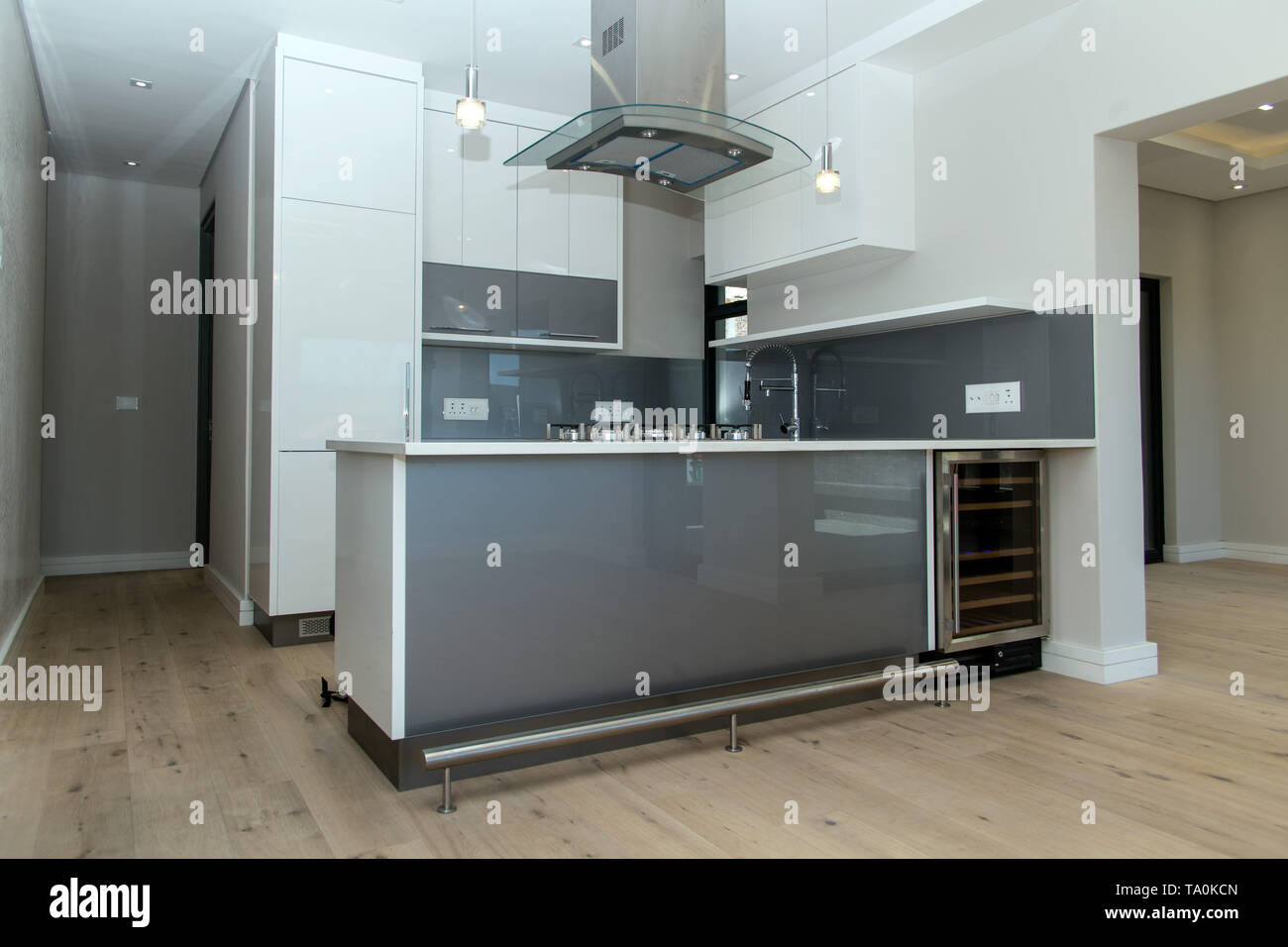 A grey and white small, modern yet luxurious kitchen in an apartment ... - Textured Grey And White Kitchen In Modern Apartment