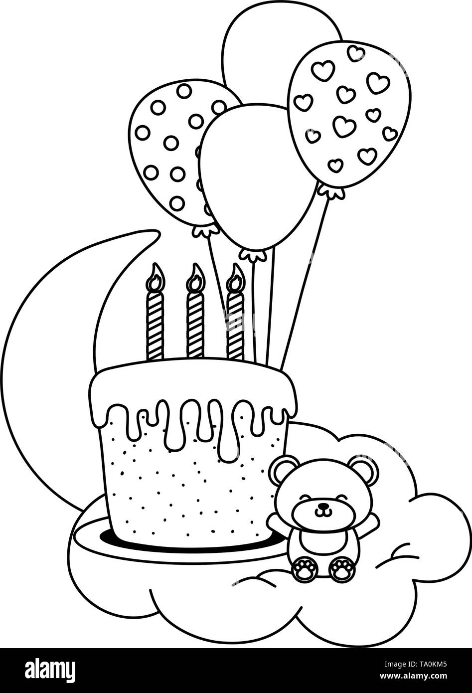 birthday cake with candles and toy bear over cloud and moon hanging from  balloons vector illustration graphic design Stock Vector Image \u0026 Art - Alamy, image size:947x1390