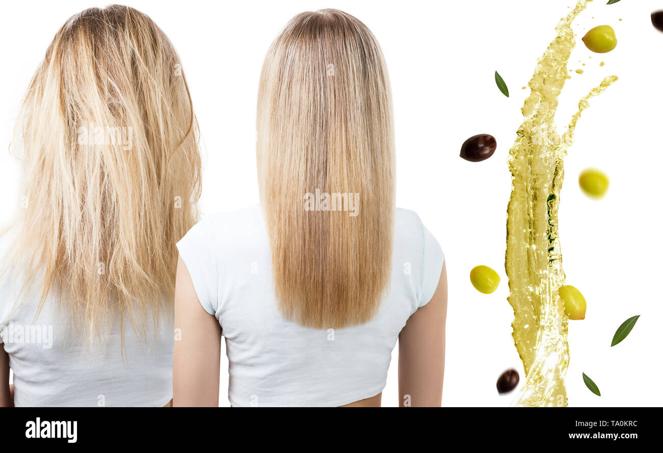 Hair before and after treatment by oil therapy Stock Photo Alamy