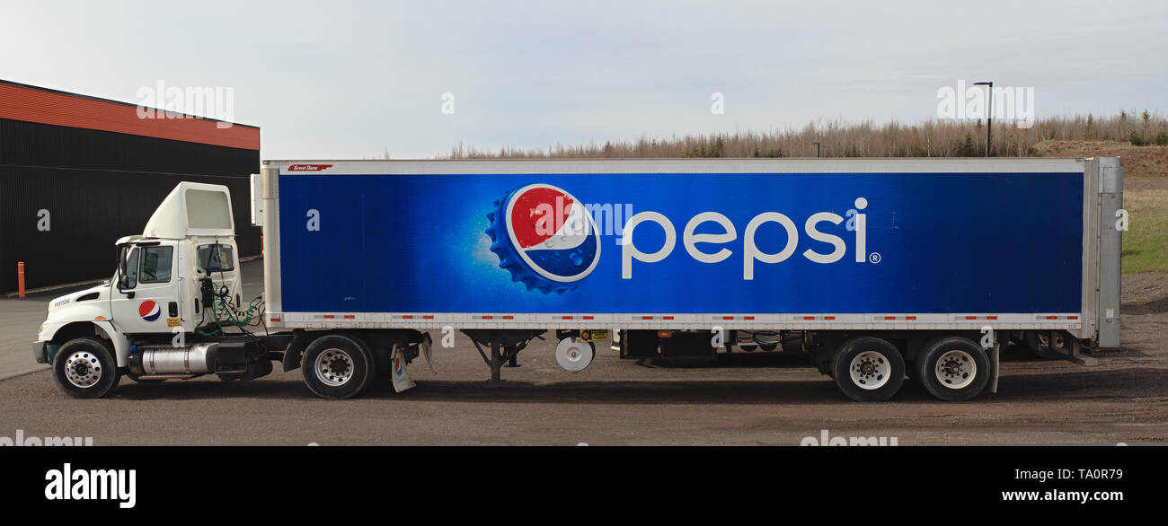 Truro, Canada - May 19, 2019: Parked Pepsi semi-truck. Pepsi is a worldwide popular soft drink produced by PepsiCo Inc. Stock Photo