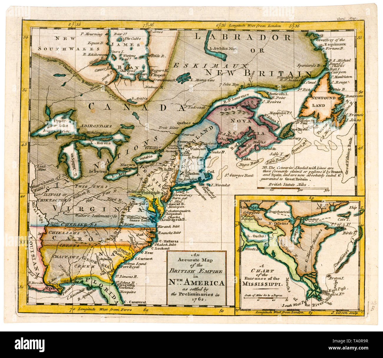 An accurate map of the British Empire in North America as settled by the preliminaries in 1762, 18th Century Stock Photo