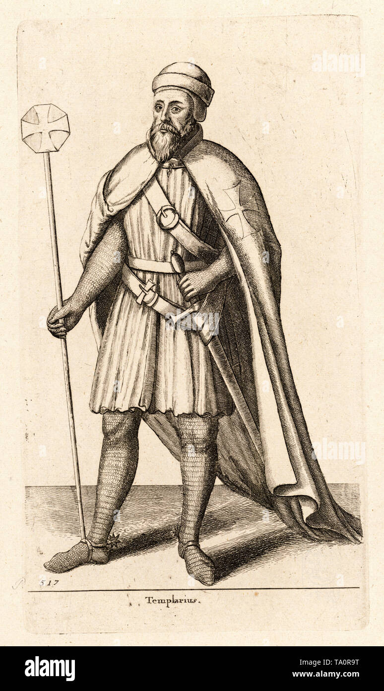 Templarius, a medieval knight of the Knights Templar, engraving by Wenceslaus Hollar, 17th Century Stock Photo