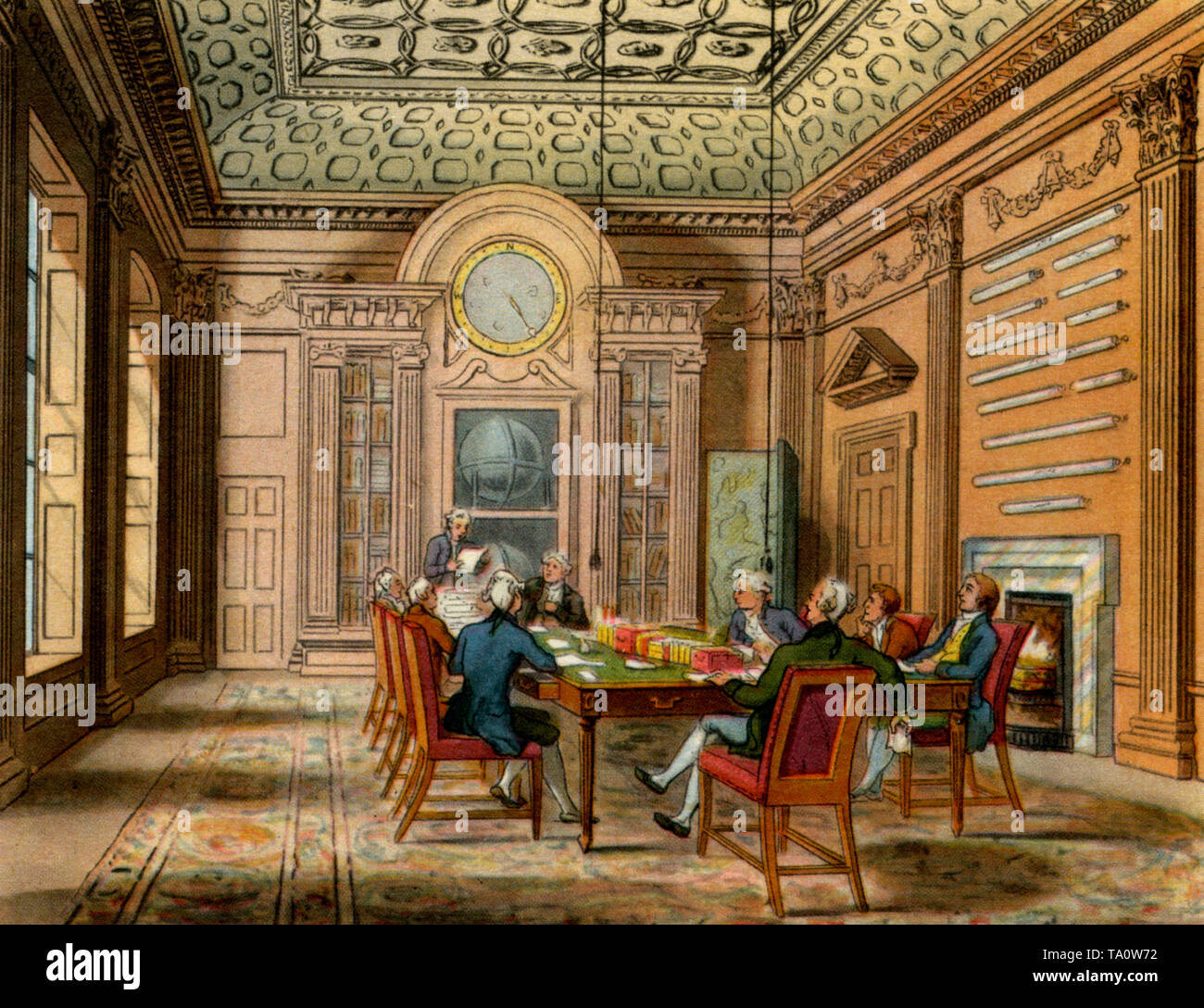 The Board Room of the Admiralty, c1808-1810. A print from 'The Microcosm of London', by William Henry Pyne (1770-1843). Artists: Thomas Rowlandson (1756-1827) and Auguste Charles Pugin (1762-1832). The Admiralty Board Room is part of a complex of buildings sometimes know as the Old Admiralty, which were completed in 1726. It was the first purpose built office building in Britain and was partly designed by Robert Adam (1728-1792). Stock Photo
