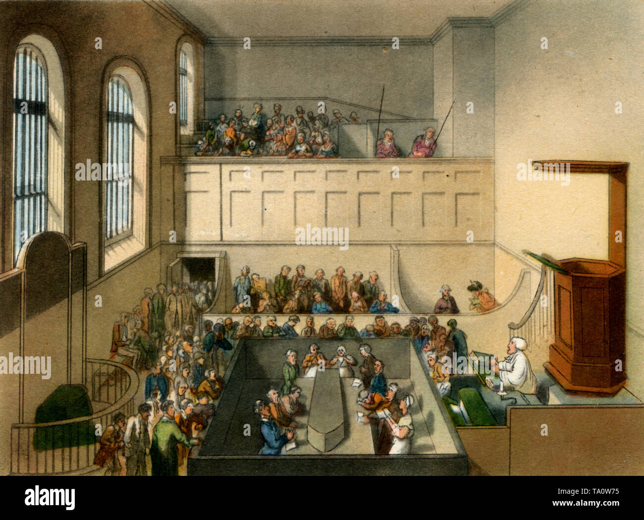 The Chapel, Newgate Gaol, c1808-1810. A print from 'The Microcosm of London'. A print from 'The Microcosm of London', by William Henry Pyne (1770-1843). Artists: Thomas Rowlandson (1756-1827) and Auguste Charles Pugin (1762-1832). The prison chapel of Newgate Prison designed by George Dance the Younger.The notorious prison closed in 1902, and was demolished in 1904. The Old Bailey now stands upon the site of the former prison. Stock Photo