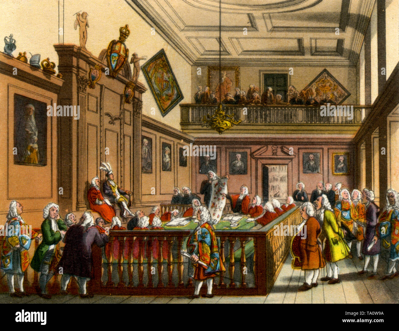 The College of Arms, c1808-1810. A print from 'The Microcosm of London'. A print from 'The Microcosm of London', by William Henry Pyne (1770-1843). Illustrated by Thomas Rowlandson (1756-1827) and Auguste Charles Pugin (1762-1832). The Earl Marshall's Court, College of Arms. The College of Arms is responsible for issuing and regulating heraldic coats of arms to individuals, families and institutions. The original building was destroyed in the Great Fire in 1666 and rebuilt in 1671-8. Stock Photo