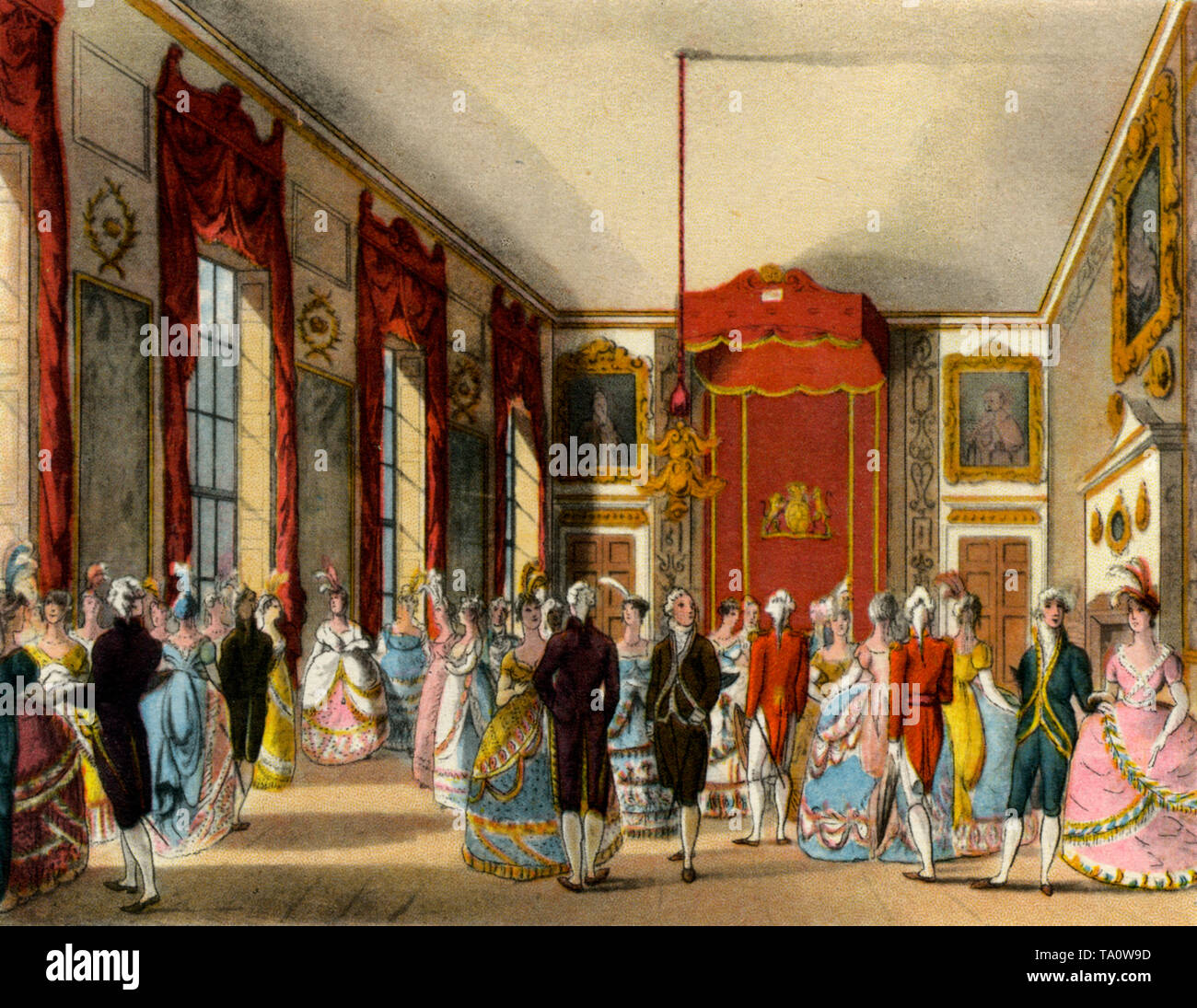 Drawing Room at St. James's Palace, c1808-1810. A print from 'The Microcosm of London', by William Henry Pyne (1770-1843). Illustrated by Thomas Rowlandson (1756-1827) and Auguste Charles Pugin (1762-1832). Commissioned by King Henry VIII St James's Palace is still the official residence of the British Sovereign. Stock Photo