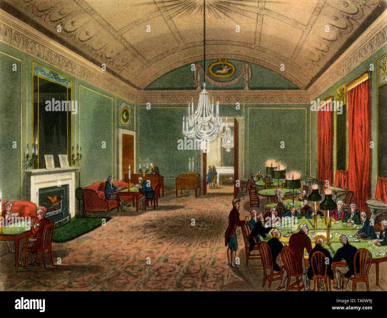 The Great Subscription Room, Brooks's Club, St. James's Street, c1808-1810. A print from 'The Microcosm of London', by William Henry Pyne (1770-1843). Illustrated by Thomas Rowlandson (1756-1827) and Auguste Charles Pugin (1762-1832). The current home of the gentlemen's club opened in 1778 and its principle architect was Henry Holland. The Great Subscription Room acted as one of the many gaming rooms for which the club was famous. Stock Photo