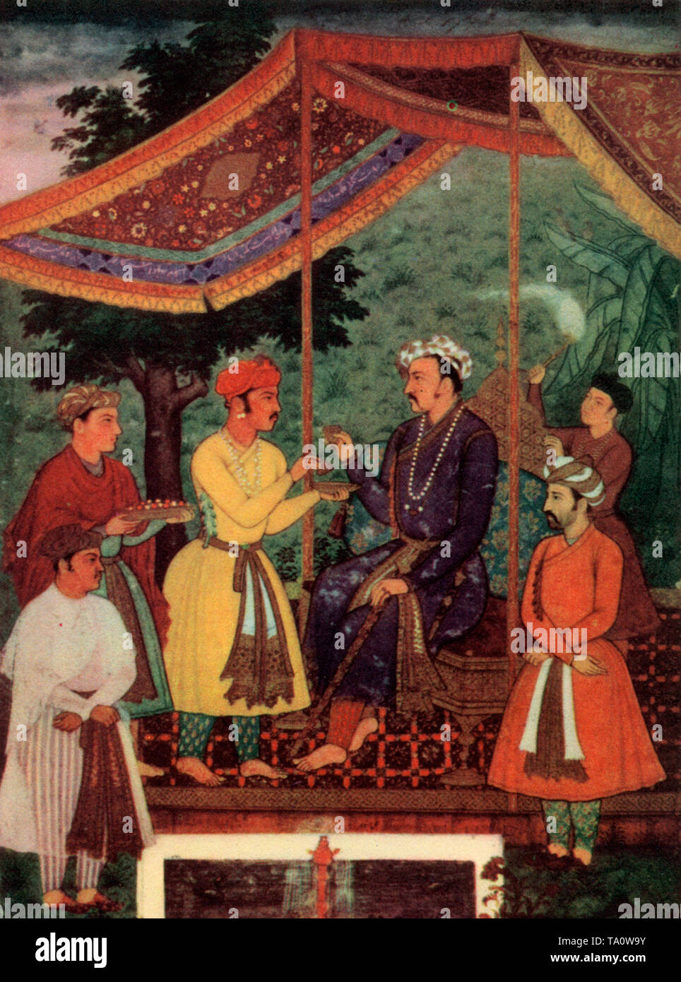 Jahangir drinking wine under a canopy, c1610. By Manohar, 17th century. Jahangir (1569-1627) originally Salim, a Mogul Emperor (from 1605), drinking wine under a canopy, c1610. A painting by Manohar. Manohar's career began under the reign of Jahangir's father, Akbar (reigned 1556-1605). Manohar is known to have made more than ten portraits. Stock Photo