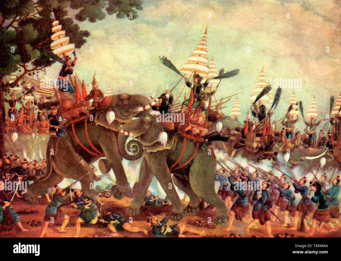 An incident in the wars between the Siamese and Burmese. A 17th or 18th century painting by a Siamese artist. Siamese King Naresuan fighting the Burmese crown prince Mingyi Swa at the battle of Yuthahatthi in January 1593. Stock Photo