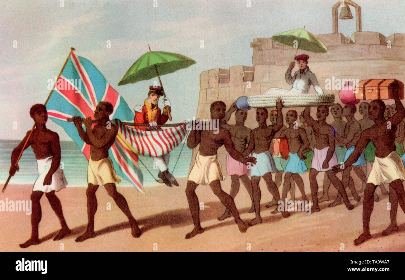 Mode of Travelling in Africa, 1820. From W Hutton's 'Voyages to Africa', 1821. By I. Clark after William Hutton. Europeans being carried on litters, Gold Coast 1820. This coloured aquatint shows Britishers being carried on litters. An African man leads carrying the British flag. Hutton was the British government’s consul to Ashanti. Stock Photo