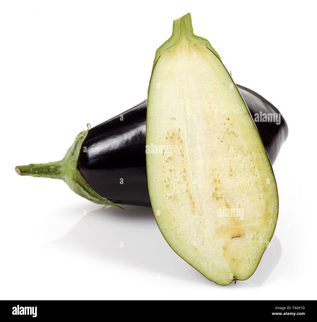 Eggplant or Aubergine vegetable and slices isolated on white background Stock Photo