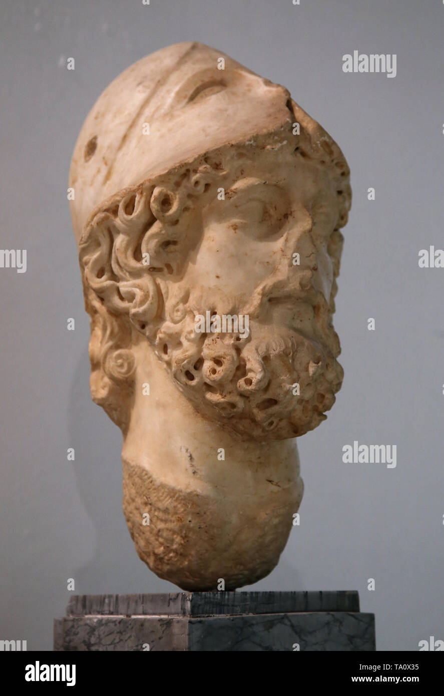 Head of Mars, god of war. Marble. Carmona. Late 1st century. Archaeological Museum of Seville. Andalusia. Spain. Stock Photo