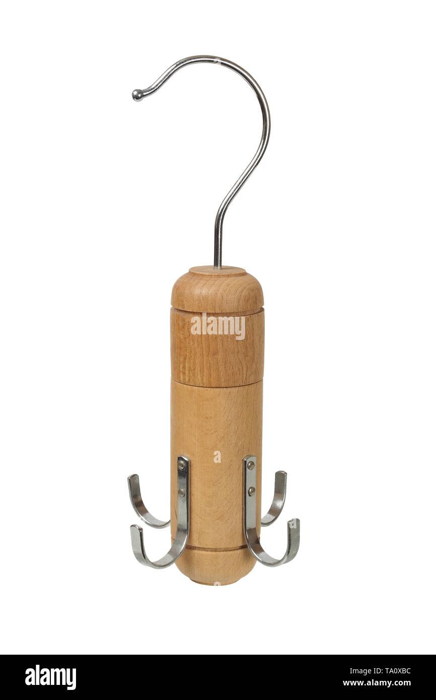 Vertical wooden coat hanger isolated on white background Stock Photo