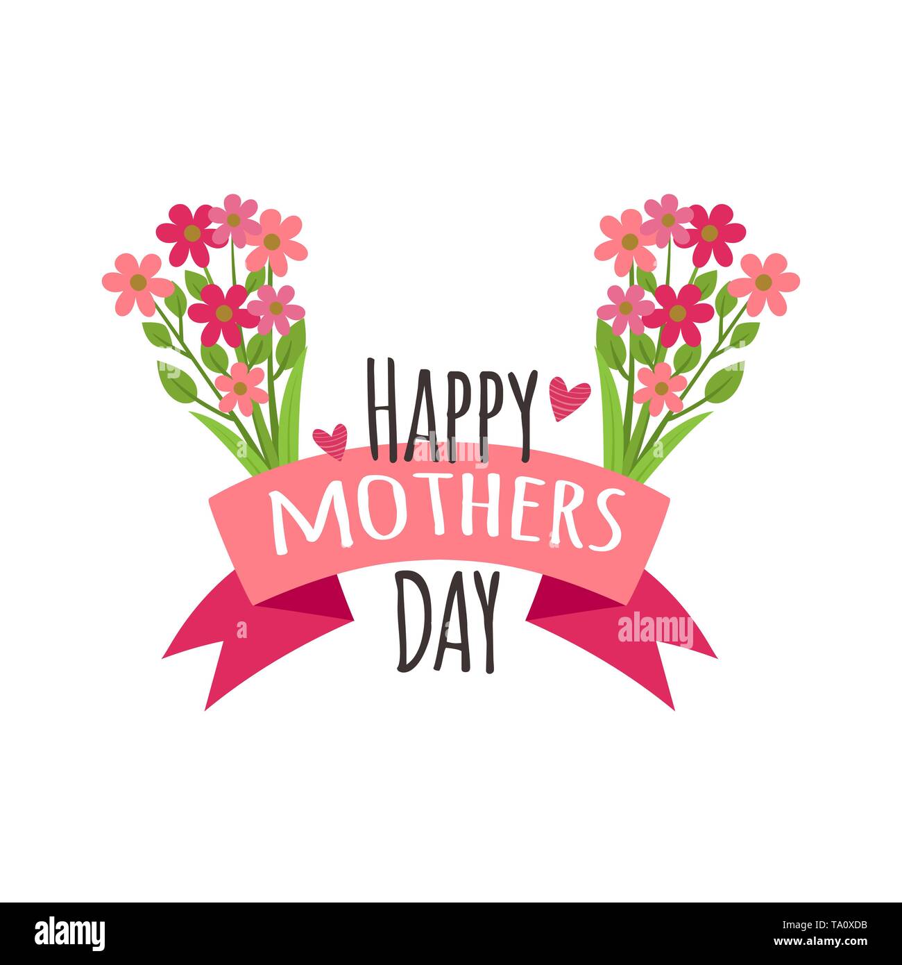 Happy mothers day. Flowers, hearts and ribbon. Isolated vector