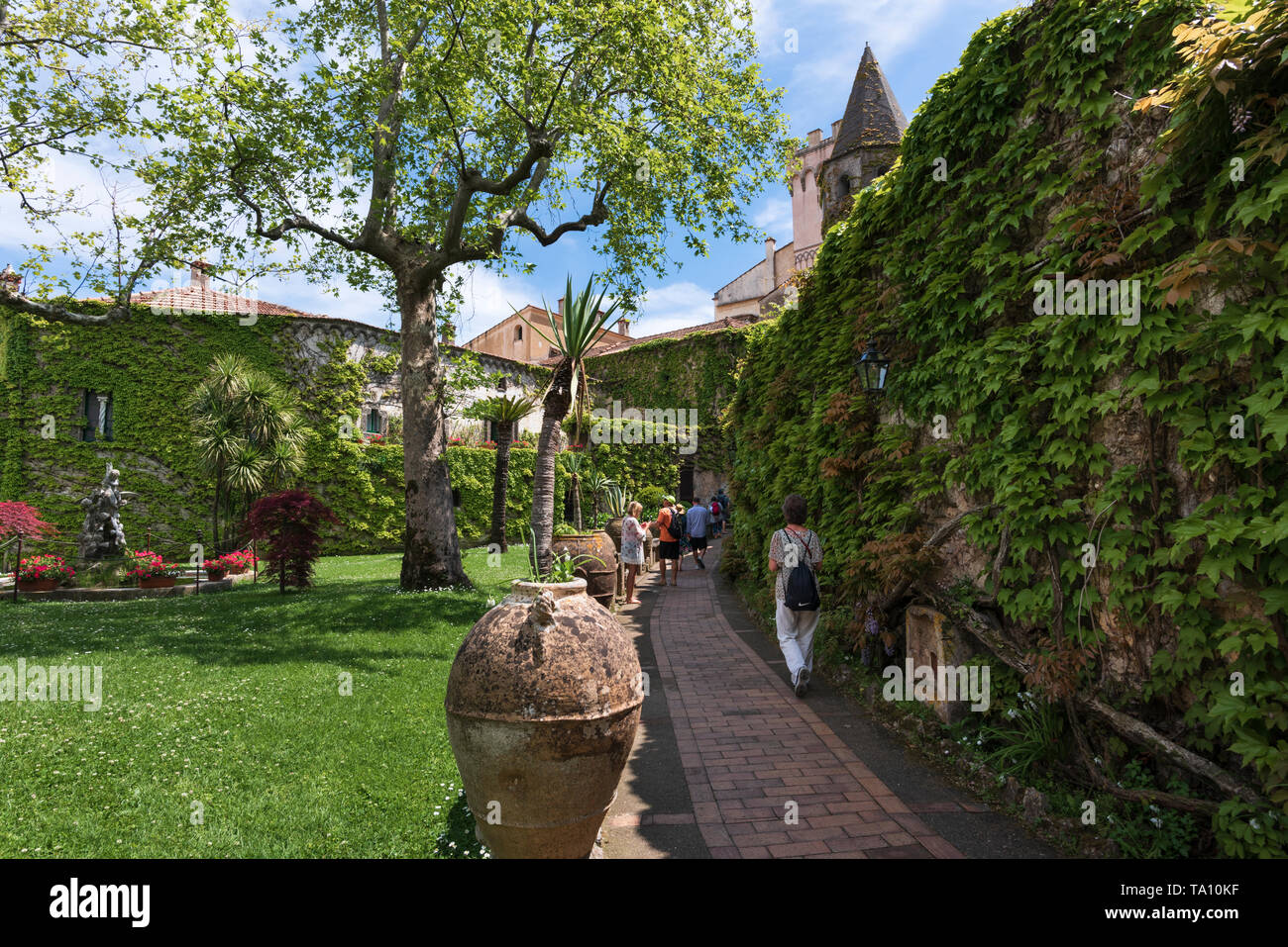 Gardens of Villa Cimbrone Hotel (Albergo) in Ravello overlooking the Amalfi Coast and Bay of Salerno in Campania Southern Italy Stock Photo