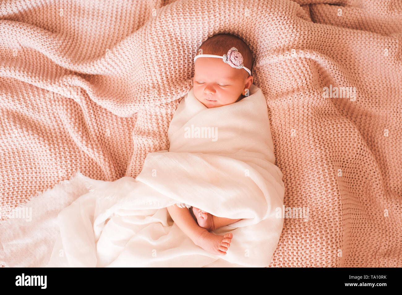 Sweet Baby Girl Sleeping In Bed Closeup Good Morning Childhood