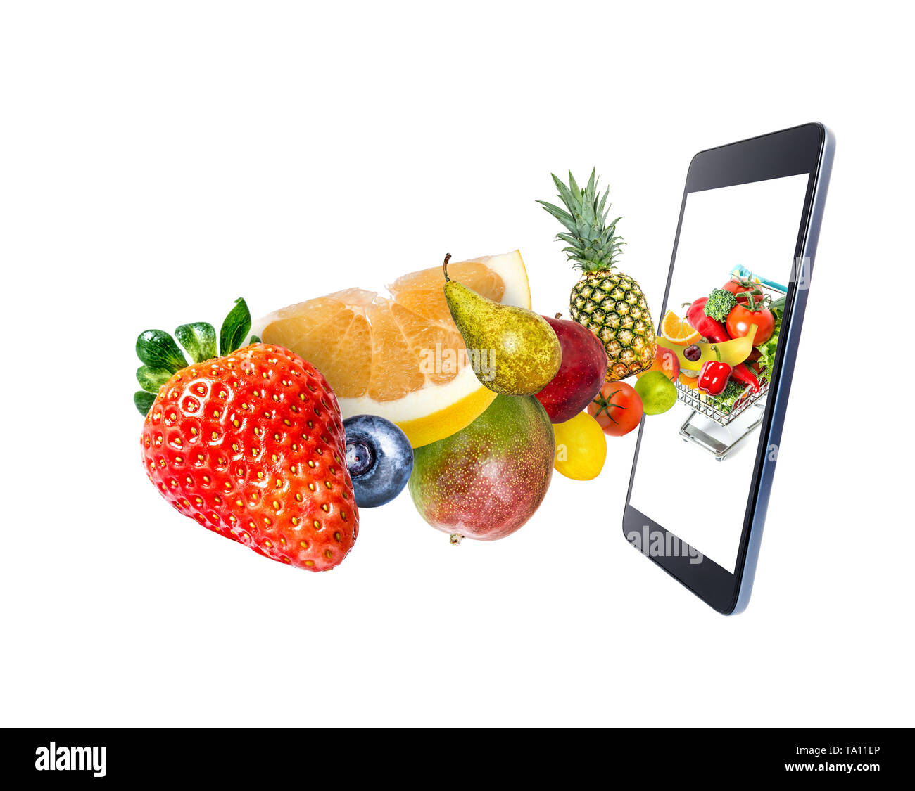 Als reactie op de toeter Distilleren Fresh vegetables and fruits, flying, falling, into a modern gadget, mobile  phone, isolated on a white background. Creative idea online shopping Stock  Photo - Alamy