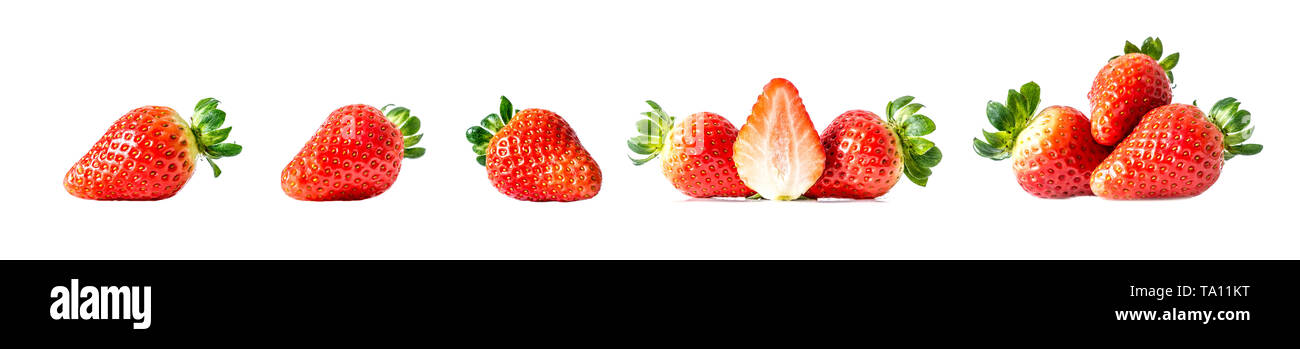 Set of fresh ripe red strawberries with green leaves close-up, isolated ...
