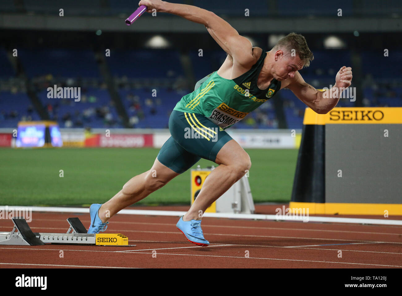 YOKOHAMA, JAPAN - MAY 11: Emile Erasmus of South Africa at the start of the  mens 4x100m relay during day 1 of the IAAF World Relays at Nissan Stadium  on May 11,