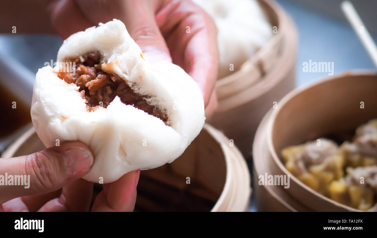 Chinese BBQ Pork Buns served .Dim sum, traditional Chinese dumplings