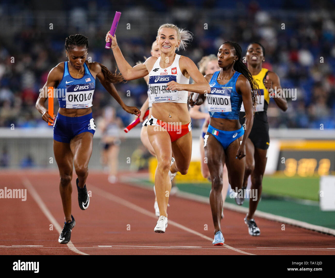 YOKOHAMA, JAPAN - MAY 12: Justyna Swiety-Ersetic of Poland in the women's  4x400m final during Day 2 of the 2019 IAAF World Relay Championships at the  Nissan Stadium on Sunday May 12,