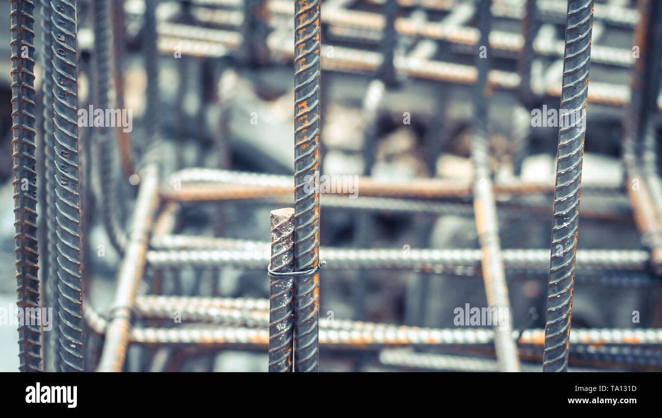 Dowel bar Steel for reinforcement structure foundation framework underground construction. Stock Photo
