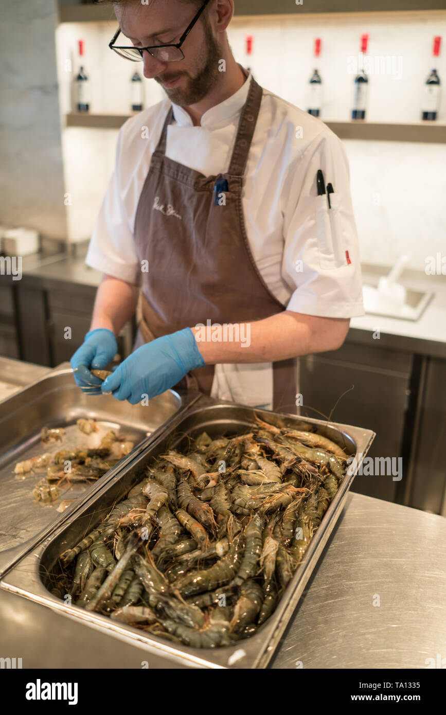 Chef preparing and cleaning king prawns langoustines in stainless steel trays Stock Photo