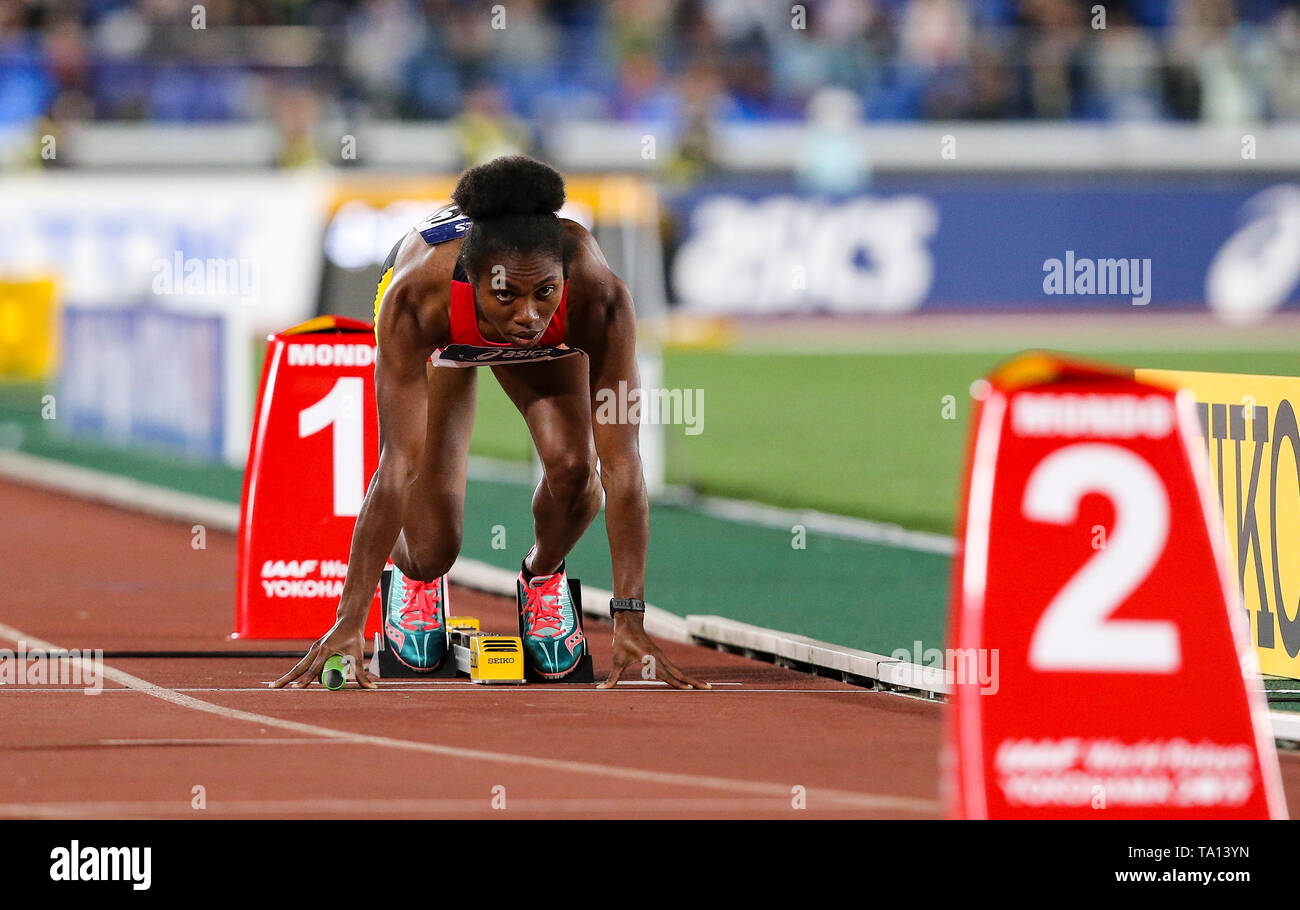 YOKOHAMA, JAPAN - MAY 12: Leonie Beu of Papua New Guinea at the start of the women's 4x200m final during Day 2 of the 2019 IAAF World Relay Championships at the Nissan Stadium on Sunday May 12, 2019 in Yokohama, Japan. (Photo by Roger Sedres for the IAAF) Stock Photo