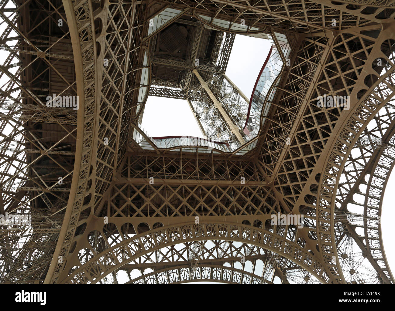 Bottom view of Detail of Truss of Eiffel Tower called Tour Eiffel in