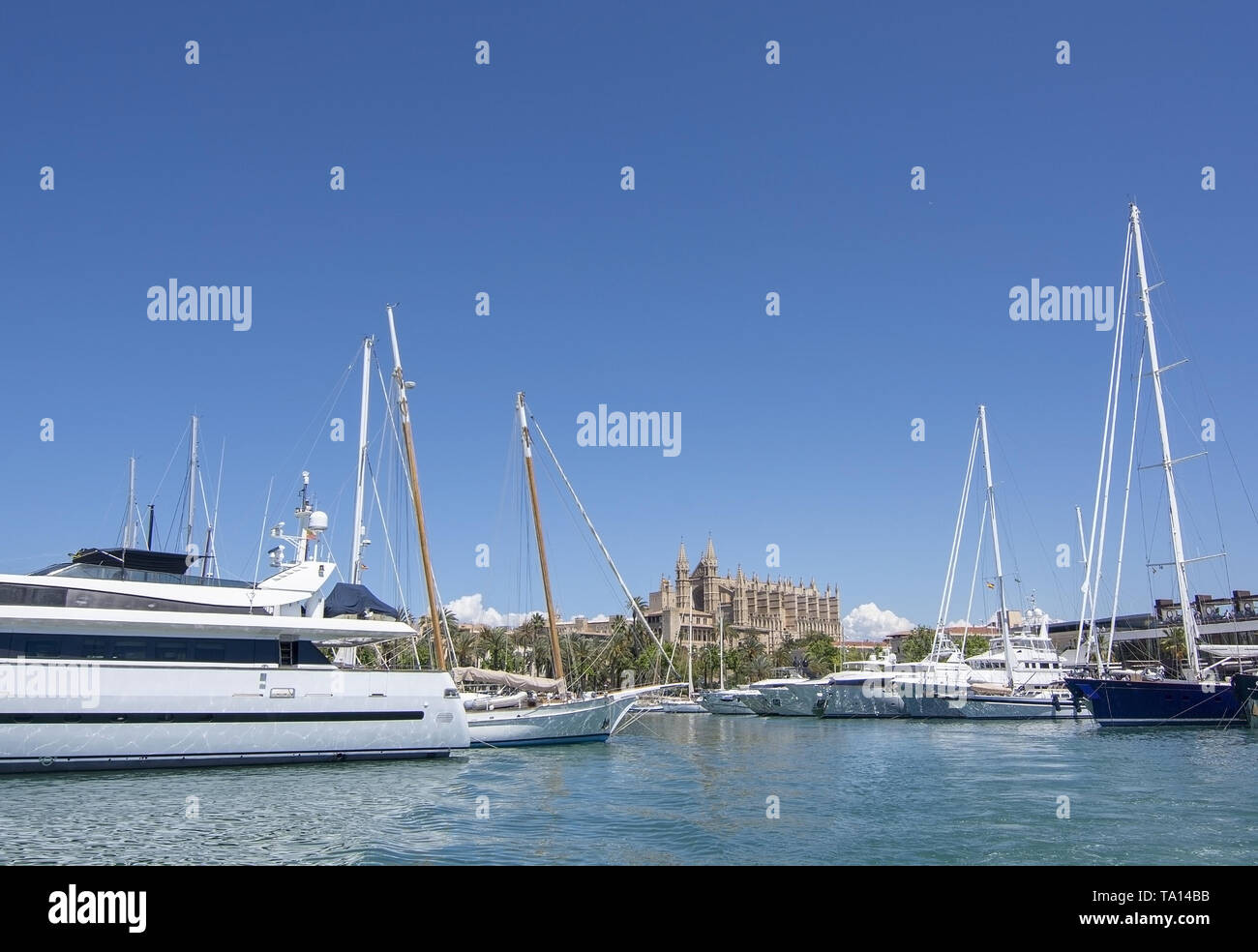 PALMA, MALLORCA, SPAIN - MAY 20, 2019: Palma port boat tour views on a sunny day on May 20, 2019 in Palma, Mallorca, Spain. Stock Photo