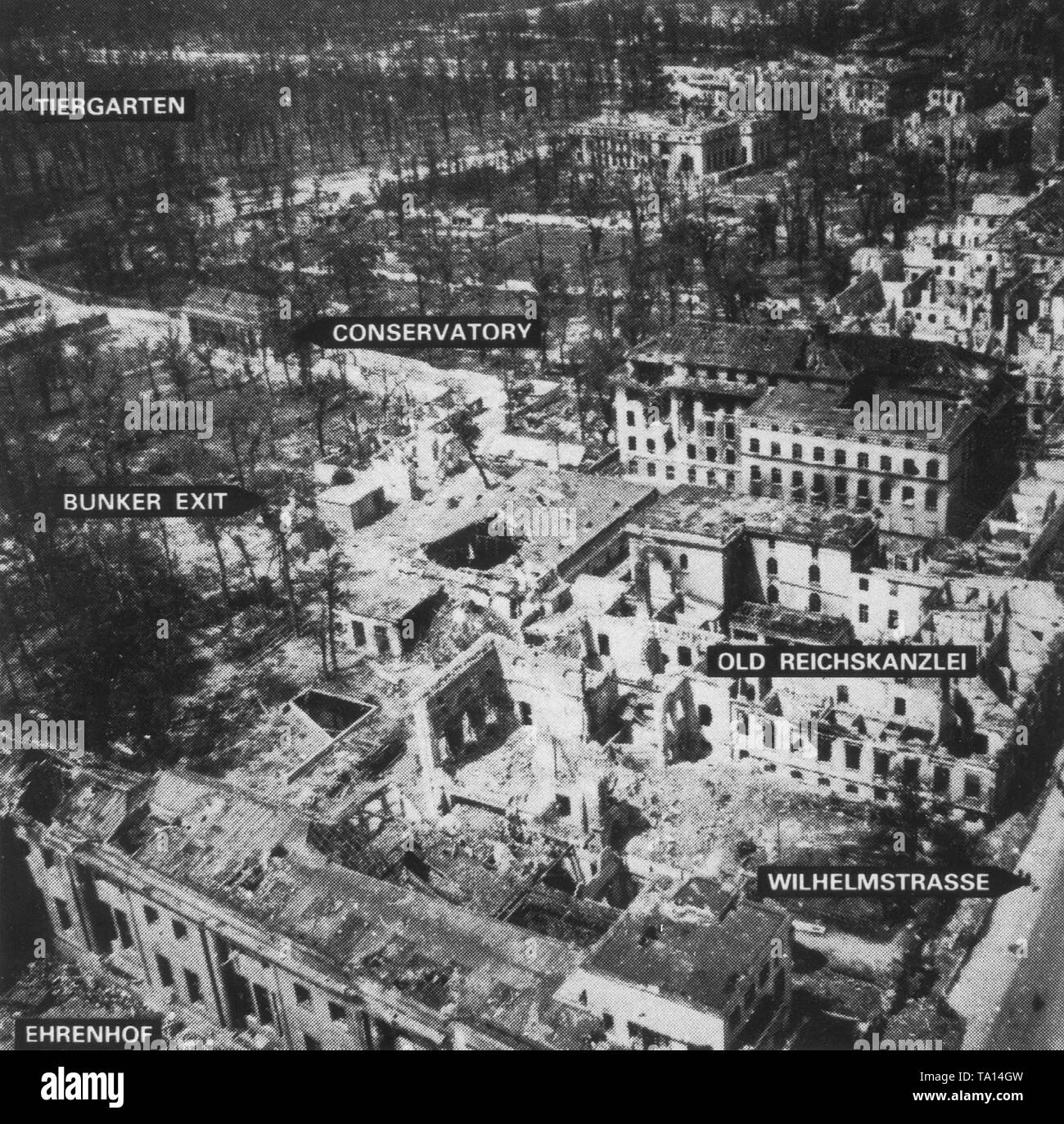 The destroyed buildings of the Old and the New Reich Chancellery in the Wilhelmstrasse in Berlin. Stock Photo