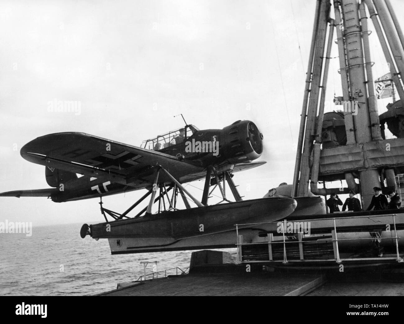 An Arado Ar 196 seaplane on the catapult of a warship of the German Kriegsmarine before take off. Undated photo. Stock Photo