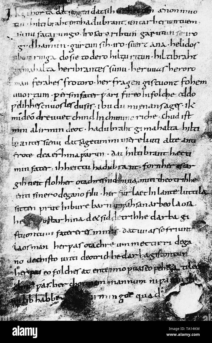 The Lay of Hildebrand (Das Hildebrandslied) is a heroic lay, written in Old High German alliterative verse. It is one of the earliest literary works in German, and it tells of the tragic encounter in battle between a son and his unrecognized father, circa 830 Stock Photo