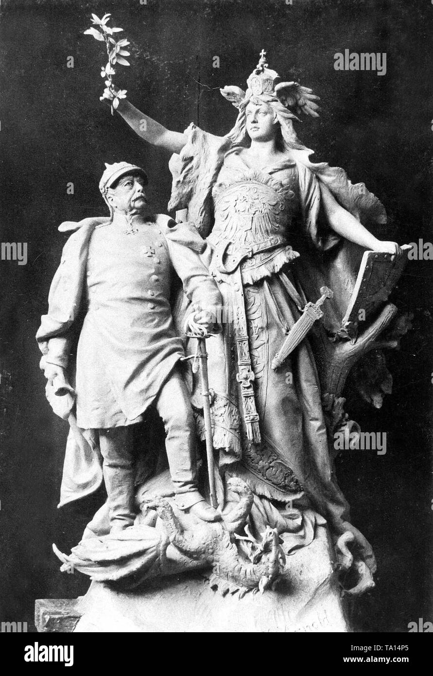 Model design by the Hamburg-based sculptor X. Arnold with Chancellor Otto von Bismarck as dragonslayer on the side of Germania, the personification of the German nation. Stock Photo