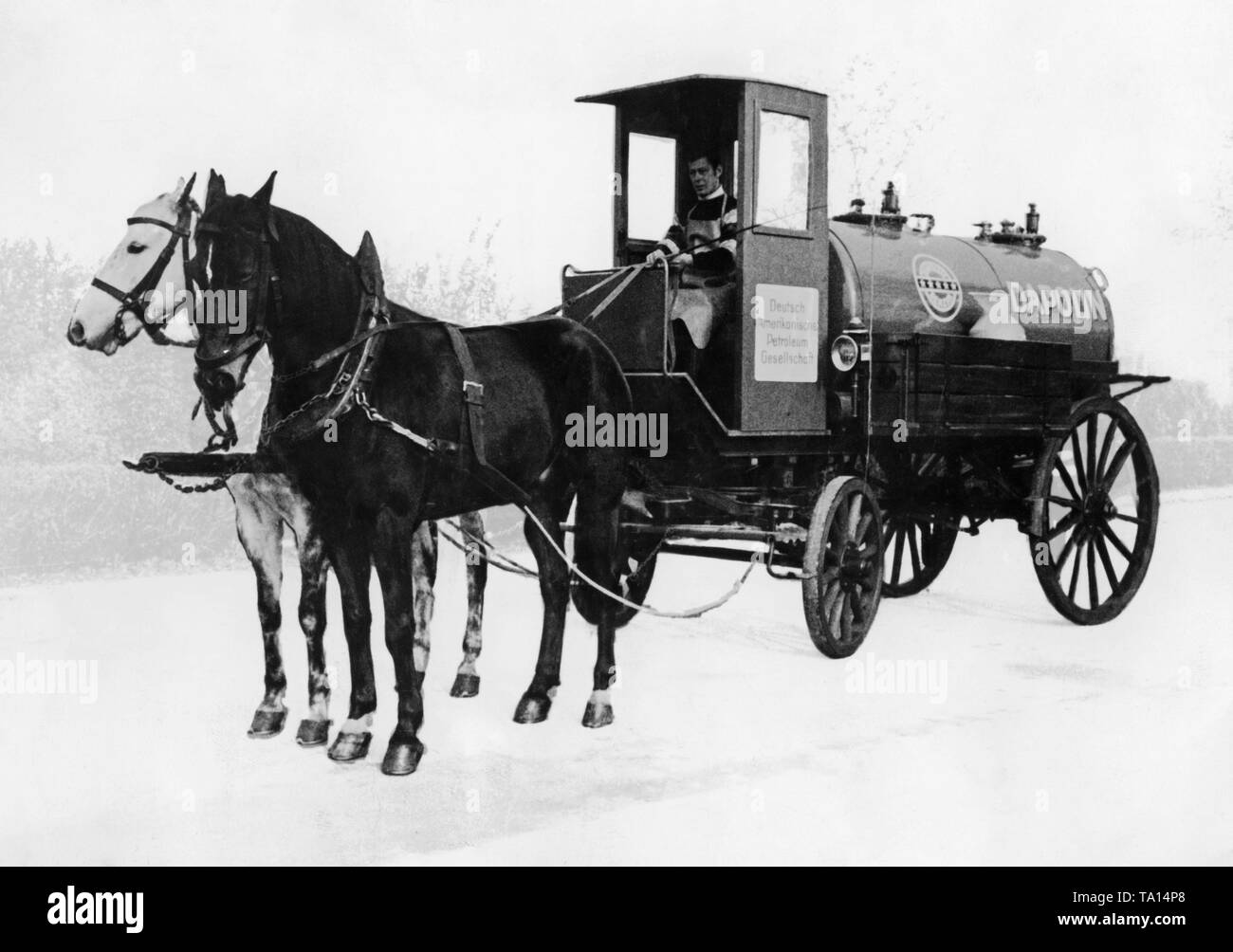 A horse-drawn carriage used by the German-American Petroleum Company (today ESSO) for the delivery of petrol to pharmacies and grocery stores. The capacity of the tank was about 2000 liters. Stock Photo